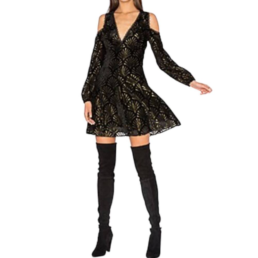 Alice + Olivia Arla Cold Shoulder Black and Gold Fit and Flare Mini Dress Size 2